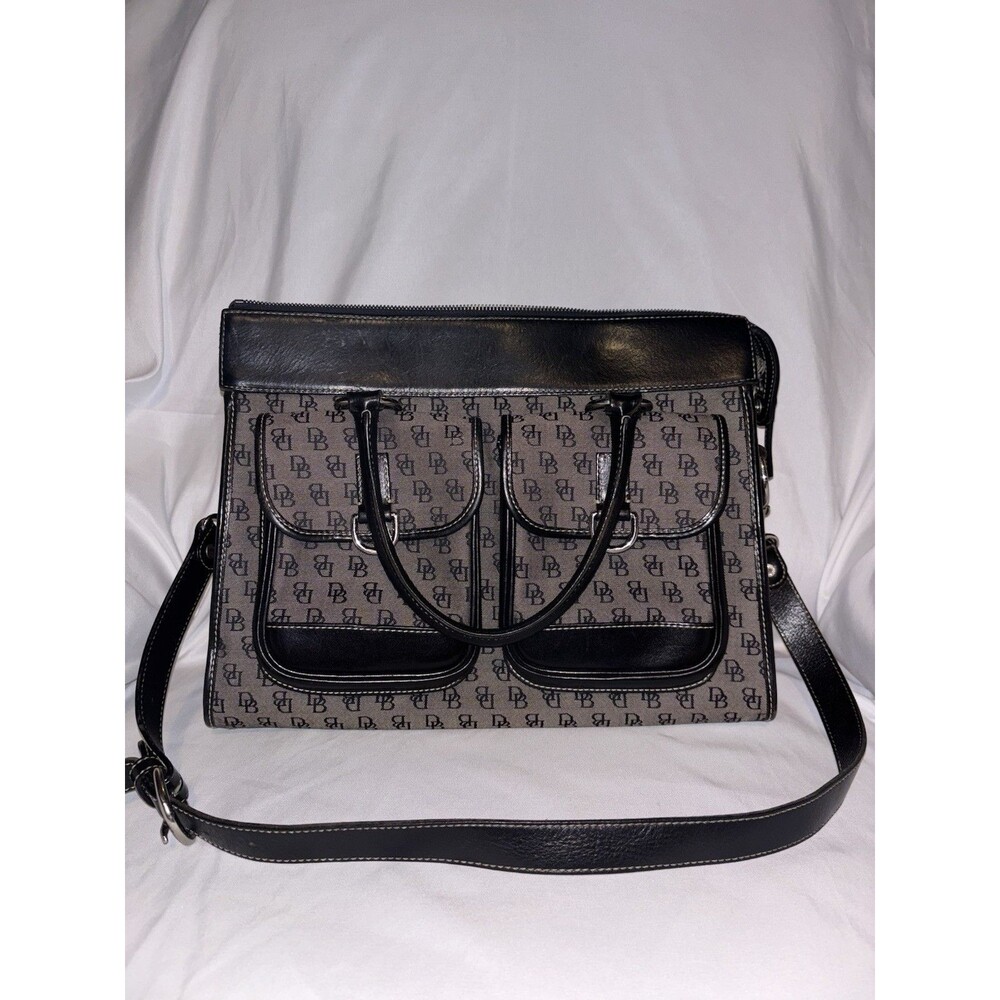 Dooney Bourke Black Grey Monogram Signature Double Pocket Satchel Bag Purse